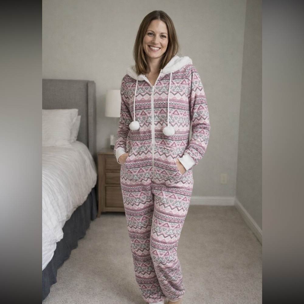 Cozy adult Pajamas with Hood - Pink and White - Picture 1 of 3